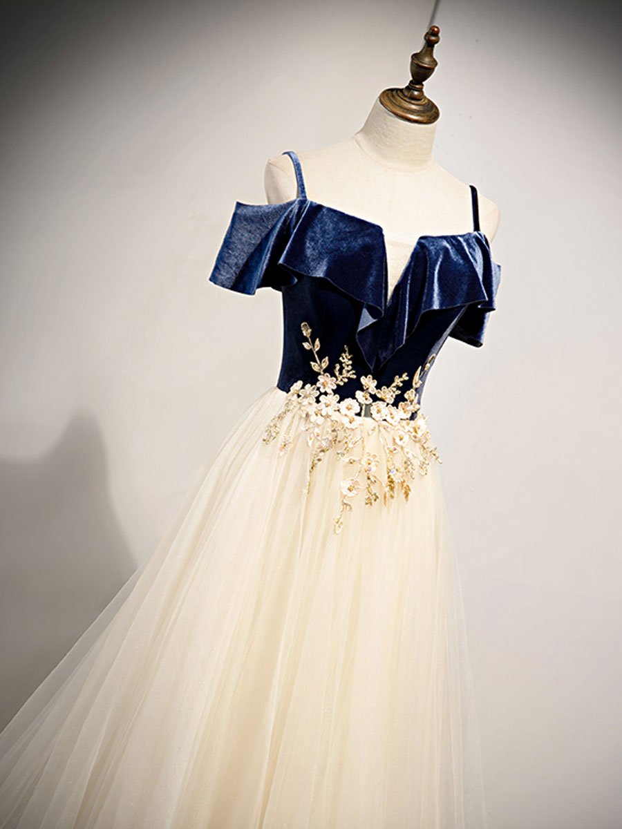 Light Champagne Tulle with Blue Velvet Long Party Dress Formal Dress, A-line Prom Dress 2022