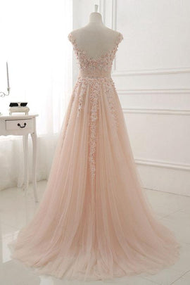 Pink Lace and Tulle Elegant A-line Floor Length Wedding Party Dress, Soft Pink Party Dress, Formal Dresses