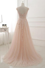 Pink Lace and Tulle Elegant A-line Floor Length Wedding Party Dress, Soft Pink Party Dress, Formal Dresses