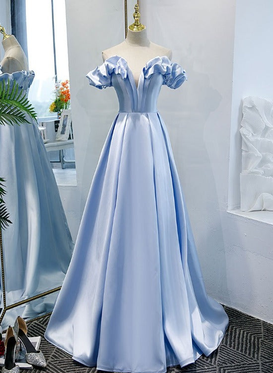 Blue Satin Simple Off Shoulder Long Party Dress 2022, A-line Light Blu ...