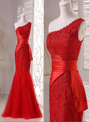 Elegant One Shoulder Red Lace Mermaid Wedding Party Dress, Red Prom Dress 2021