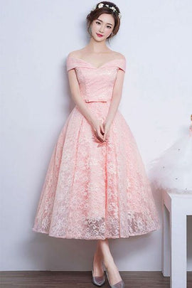 Pink Lace Sweetheart Off Shoulder Tea Length Formal Dress, Cute Bridesmaid Dress