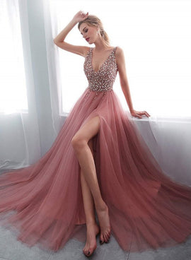 Pink Beaded V-neckline Tulle with Slit Low Back Prom Dress, Pink A-line Formal Dress Party Dress