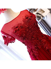 Beautiful Dark Red Tulle Cap Sleeves Long Party Dress, Red Party Dress