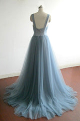 Blue Tulle New Style Long Party Gown, A-line Formal Dress
