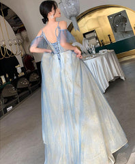 Charming Lace Light Blue V-neckline Long Prom Dress, A-line Formal Dress Evening Dress