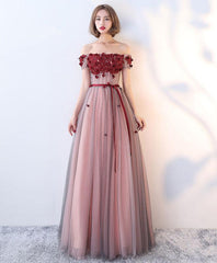 Beautiful Red Off Shoulder Tulle with Applique Long Party Dress, Senior Prom Gown