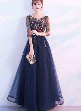 Beautiful Navy Blue Tulle Party Dress  with Flowers, Elegant Wedding Party Dress