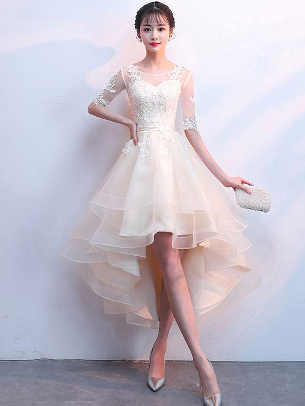 Cute Champagne Lace and Tulle Short Sleeves Party Dress, Homecoming Dress