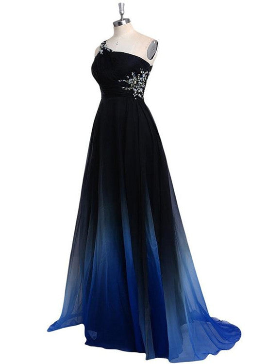 Blue One Shoulder Gradient Long Sleeveless Open Back Beading Prom Dress,Formal Dress 2018