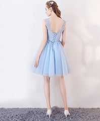 Light Blue Tulle Round Neckline Lace Cute Party Dresses, Short Formal Dress, Graduation Dresses