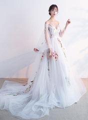 White Straps Long Tulle Evening Gown with Lace, Charming Party Dress