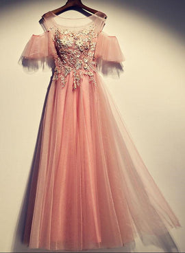 Beautiful Dark Pink Tulle Long Formal Dress , Off Shoulder with Straps Party Dress