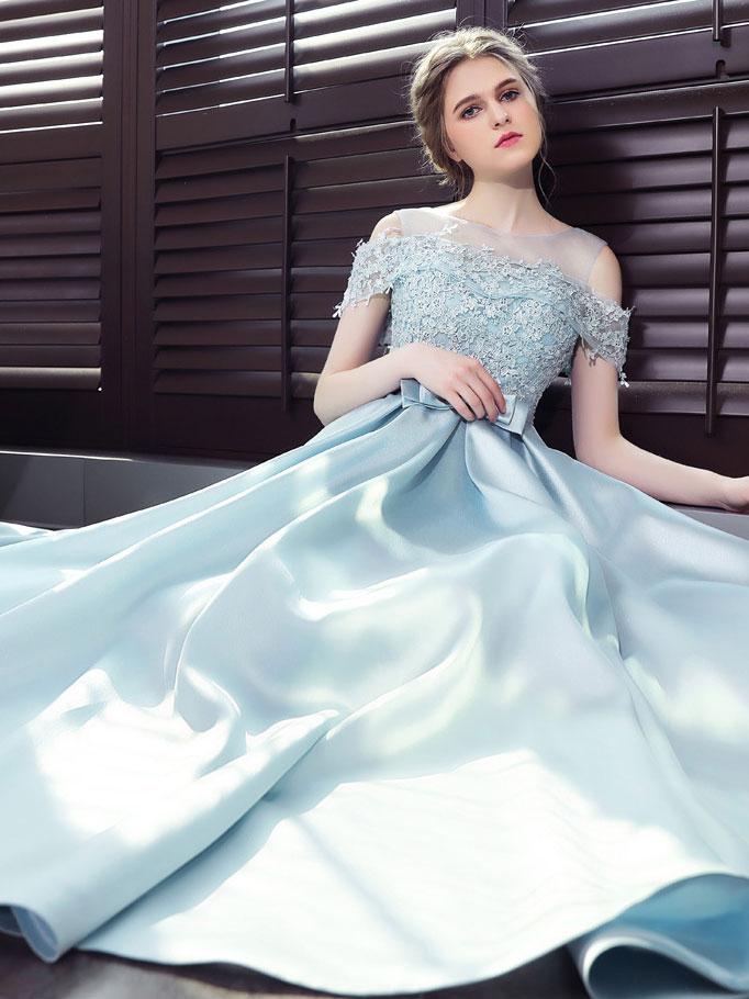 Light Blue Long Satin Lace Off Shoulder Floor Length Prom Dress, Blue Formal Dress