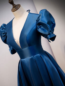 Blue Satin Simple V-neckline Prom Dress, Blue Evening Dress Bridesmaid Dress