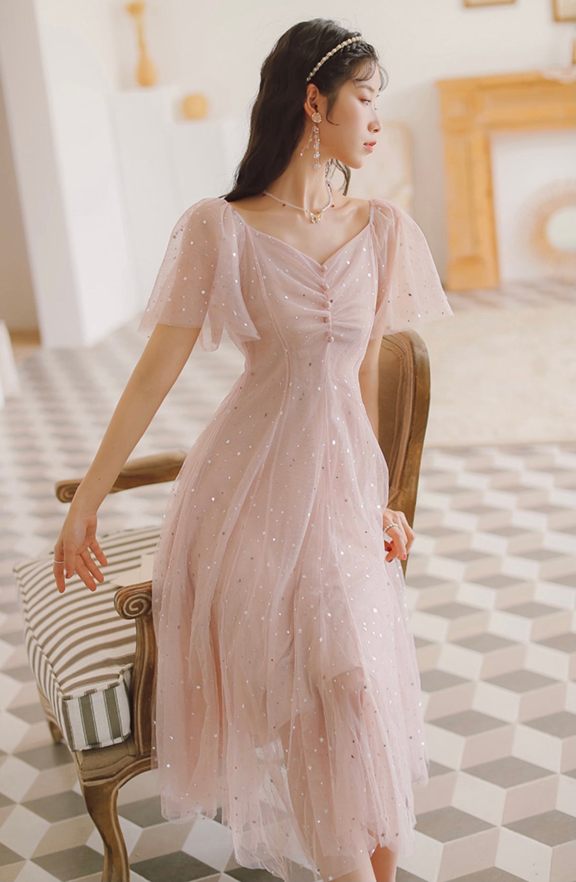 Pink Cute Tea Length Tulle Wedding Party Dress, Pink Soft Tulle Prom Dress