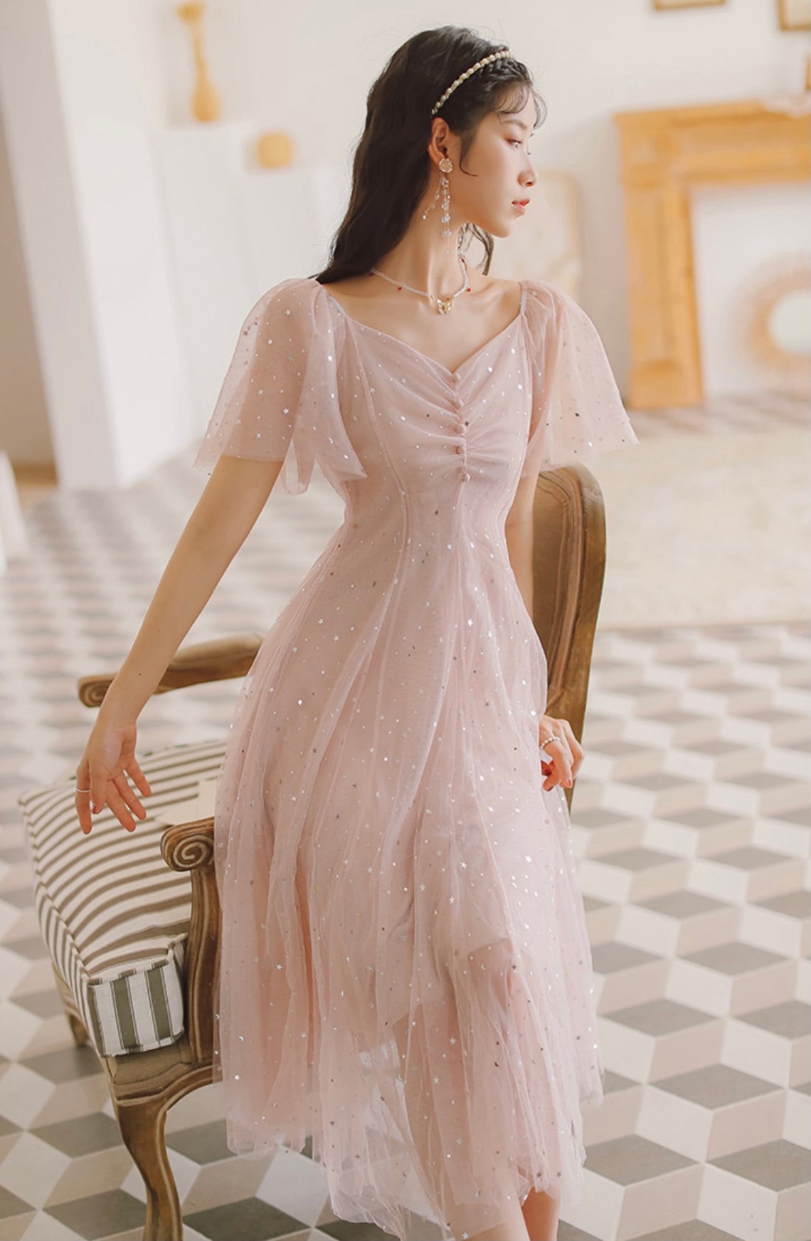 Pink Cute Tea Length Tulle Wedding Party Dress, Pink Soft Tulle Prom D Cutedressy Pink Cute Tea Length Tulle Wedding Party Dress, Pink Soft Tulle Prom D Cutedressy