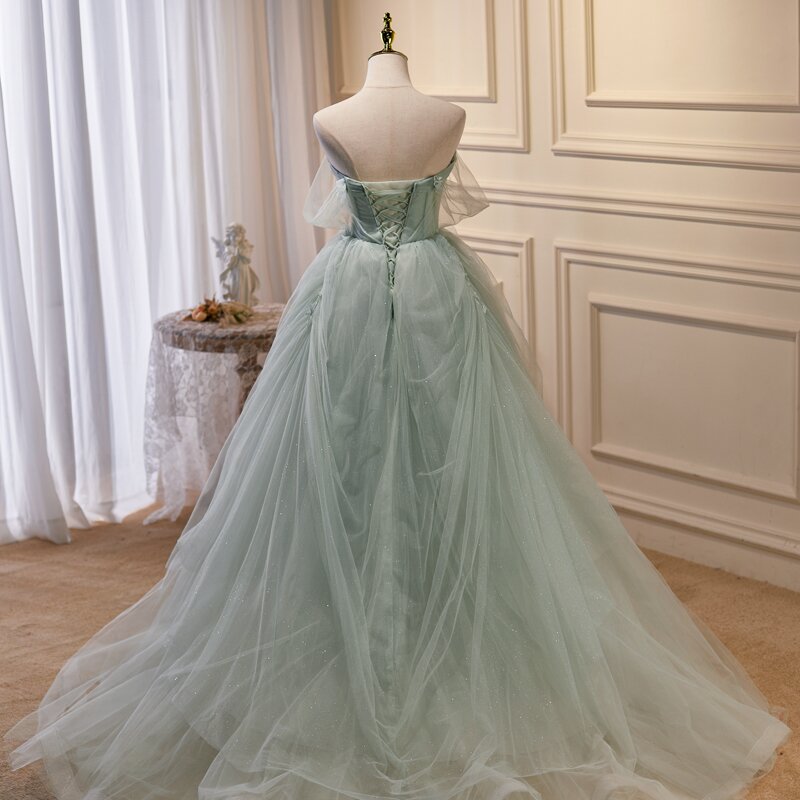 Light Green Tulle Beaded Ball Gown Off Shoulder Party Dress, Green Swe ...