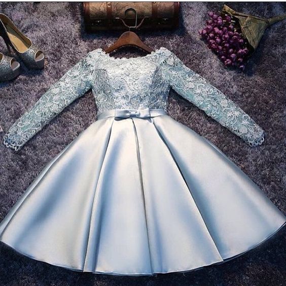 Light Blue Satin and Lace Long Sleeves Party Dress, Cute Short Graduat Cutedressy Light Blue Satin and Lace Long Sleeves Party Dress, Cute Short Graduat Cutedressy