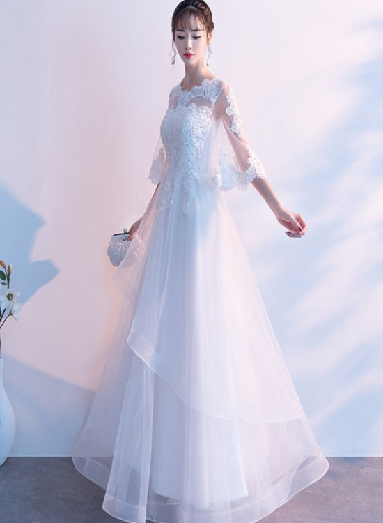 White Tulle with Lace Short Sleeves Layers Tulle Prom Dress, White Simple Wedding Party Dress