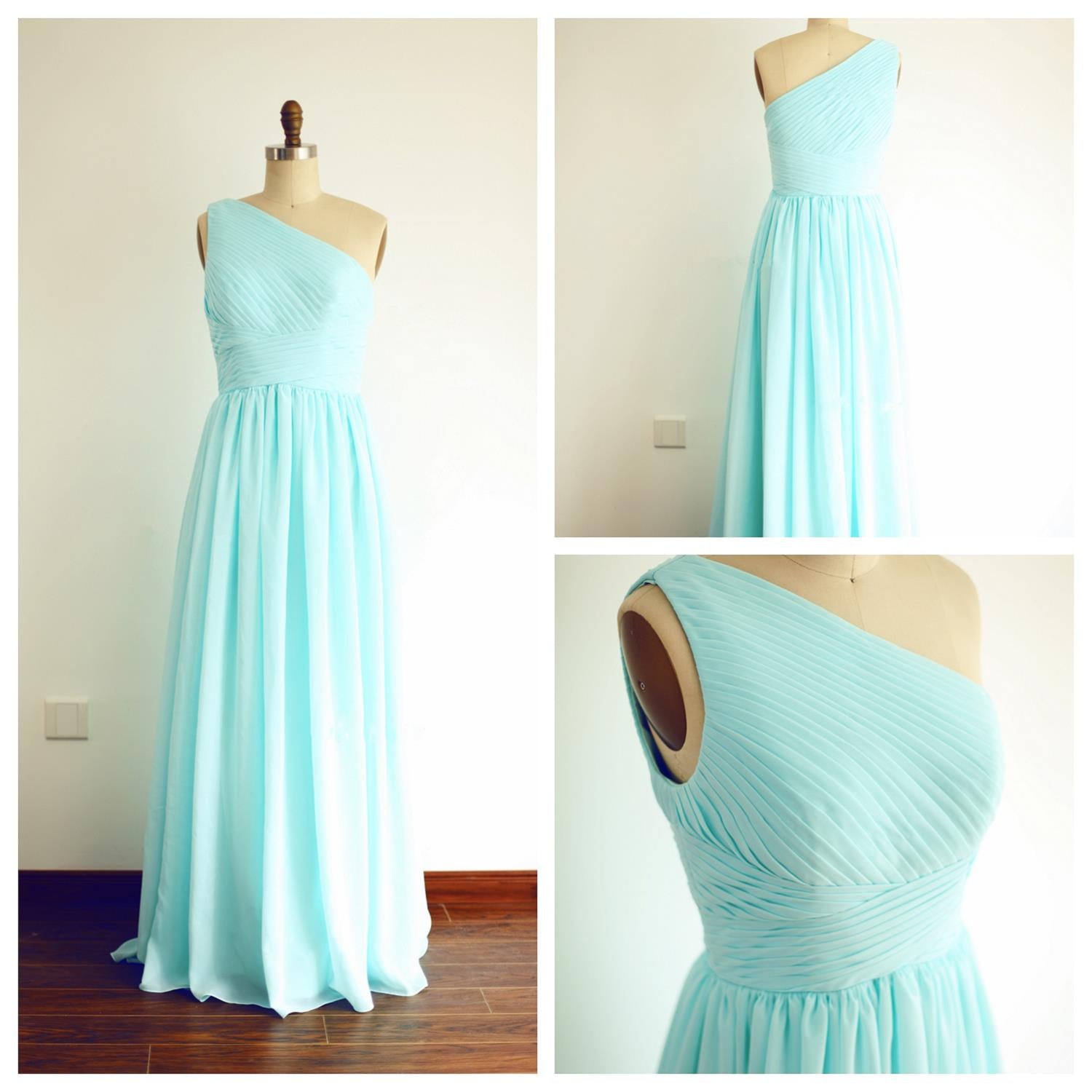One Shoulder Mint Blue Elegant Bridesmaid Dress, Handmade Chiffon Formal Gowns