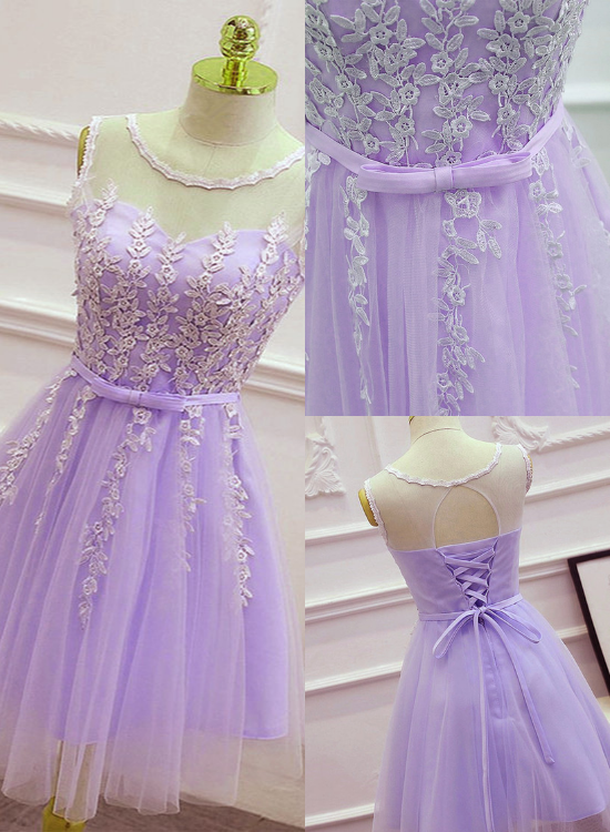 Cute Light Purple Tulle Short Prom Dress, Lace Applique Formal Dress