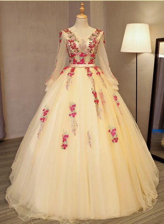 Beautiful Light Yellow Long Sleeves Quinceanera Dress, Ball Gown Sweet – Cutedressy