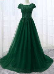Beautiful Cap Sleeve Lace Applique Tulle Formal Gown, Prom Gowns