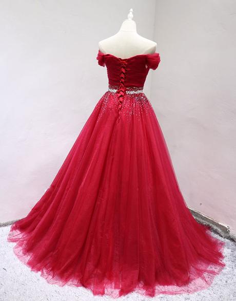 Beautiful Red Tulle Long Sweetheart Prom Dress , Junior Party Dresses