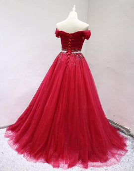 Beautiful Red Tulle Long Sweetheart Prom Dress , Junior Party Dresses
