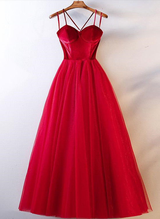 Beautiful Velvet Straps and Tulle Long Formal Dress, Red Party Gown