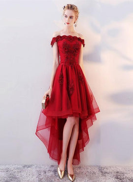 Dark Red High Low Tulle Homecoming Dress with Lace, Wine Red Prom Dress