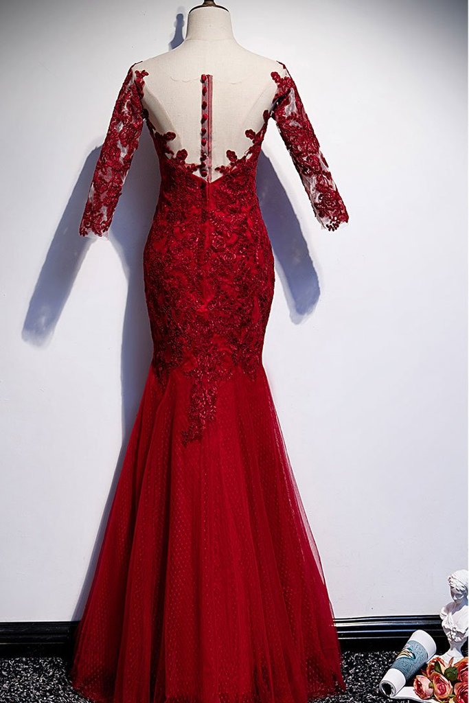red tulle mermaid prom dress Affordable Red Long Mermaid One Shoulder Tulle Lace Prom Dress