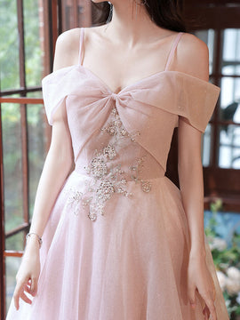 Pink Off Shoulder Long Prom Dress, Off Shoulder Pink Party Dress