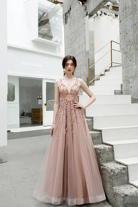 Beautiful Tulle A Line V Neck Pink Beads Straps Prom Dresses, Lace up Long Dance Formal Dress