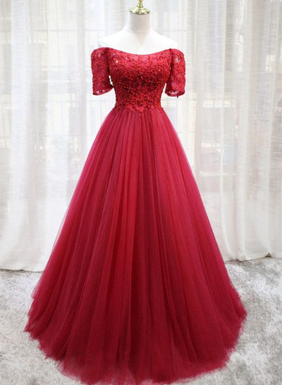 Lovely Short Sleeves Tulle Prom Dress , Wine Red Long Party Dress