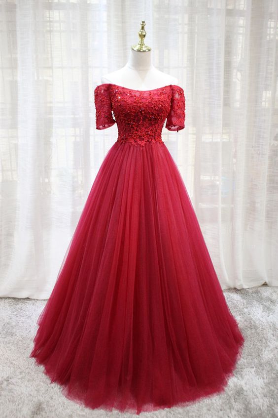 Lovely Short Sleeves Tulle Prom Dress , Wine Red Long Party Dress