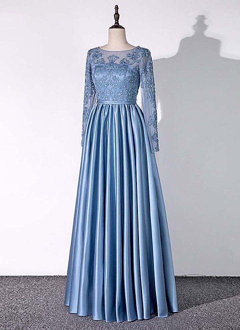 Blue Satin A-line Long Sleeves Party Dress, Blue Evening Gown Blue Satin A-line Long Sleeves Party Dress, Blue Evening Gown
