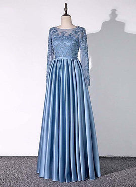 Blue Satin A-line Long Sleeves Party Dress, Blue Evening Gown