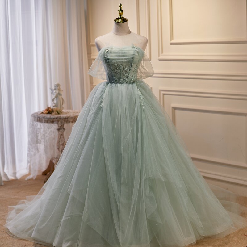 Light Green Tulle Beaded Ball Gown Off Shoulder Party Dress, Green Swe Cutedressy Light Green Tulle Beaded Ball Gown Off Shoulder Party Dress, Green Swe Cutedressy