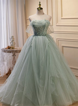Light Green Tulle Beaded Ball Gown Off Shoulder Party Dress, Green Sweet 16 Dress