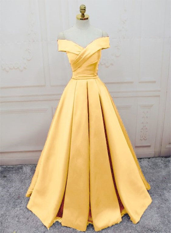 yellow satin off shoulder gown