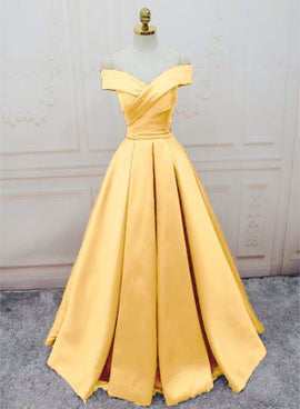 yellow satin off shoulder gown