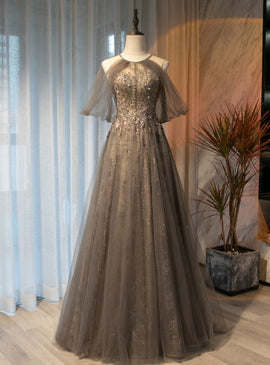 Beautiful Halter Tulle Beaded Floor Length Open Back Party Dress, A-line Tulle Long Prom Dress