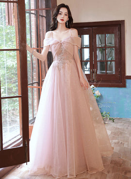 Pink Off Shoulder Long Prom Dress, Off Shoulder Pink Party Dress