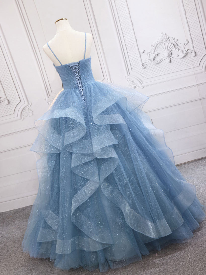 Blue Chic Tulle A-line Long Prom Dress, Blue Straps Formal Dress Party Dress
