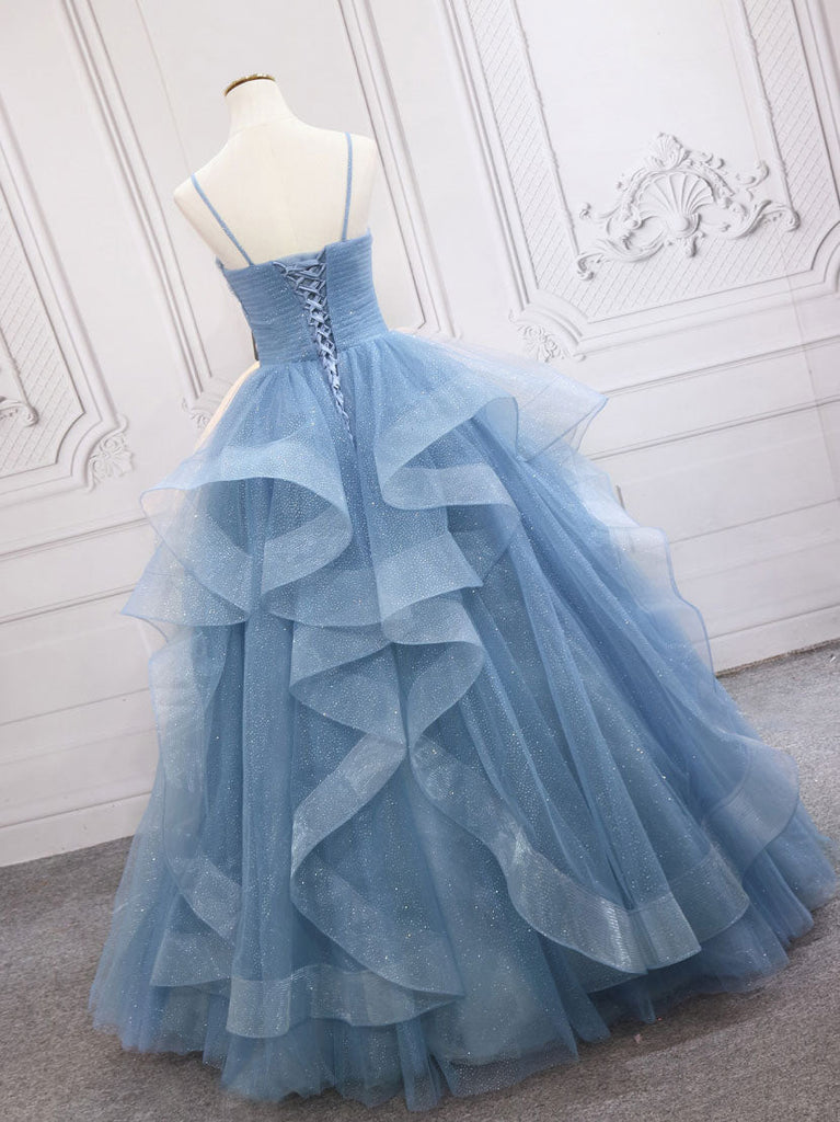 Blue Chic Tulle A-line Long Prom Dress, Blue Straps Formal Dress Party ...