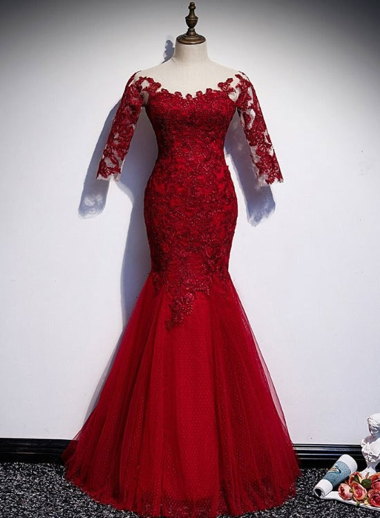 Wine Red Tulle Lace Round Neck Floor length Mermaid Prom Dress, Long Sleeves Evening Dress