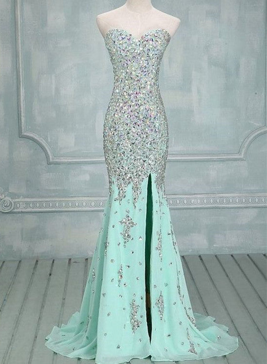 Mint Green Sparkle Beaded Mermaid Slit Chiffon Formal Dresses, Charming Party Gowns, Prom Dress