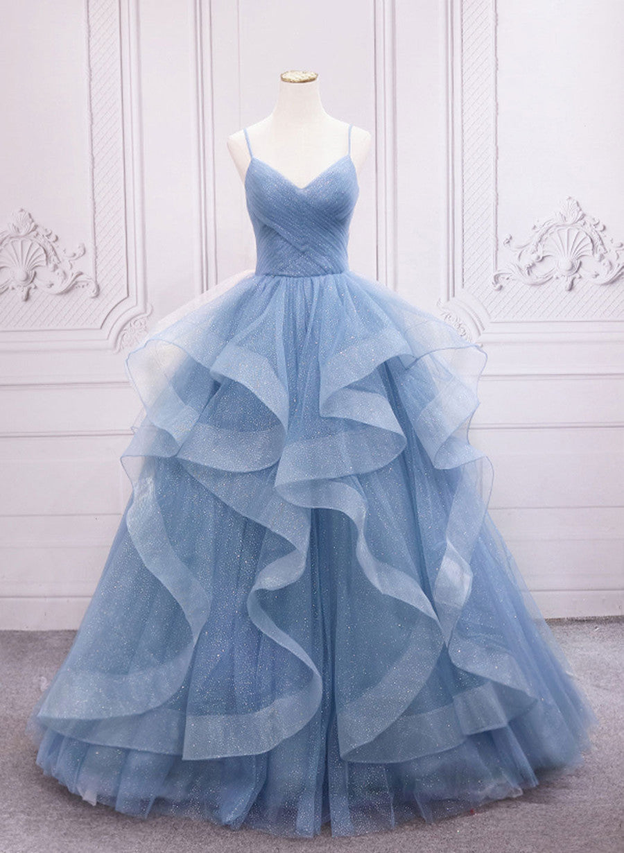 Blue Chic Tulle A-line Long Prom Dress, Blue Straps Formal Dress Party Dress